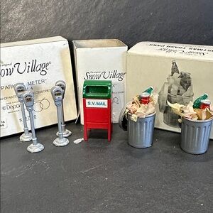 Department 56 Snow Village  Set with Red Mailbox and Silver Trash Cans meters